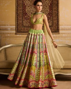 Mint Embroidered Blouse And Lehenga Set
