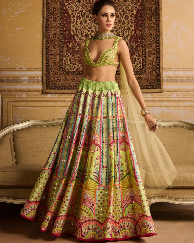 Mint Embroidered Blouse And Lehenga Set