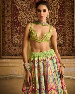 Mint Embroidered Blouse And Lehenga Set