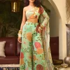 Mint Green And Yellow Panel Top With Flared Pants Set