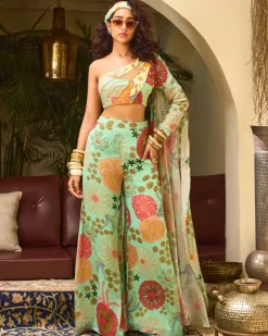 Mint Green And Yellow Panel Top With Flared Pants Set