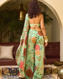 Mint Green And Yellow Panel Top With Flared Pants Set