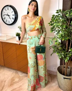 Mint Green And Yellow Panel Top With Flared Pants Set