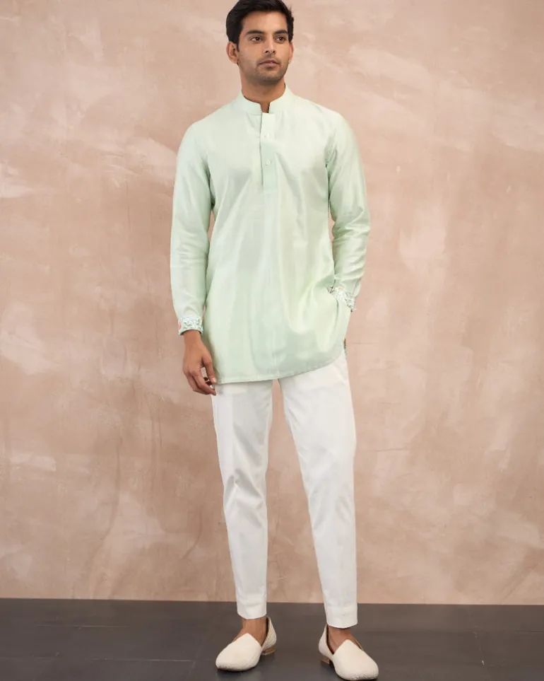 Mint Green Chanderi Silk Edge Cut Kurta Shirt Set