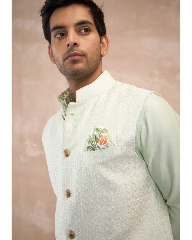 Mint Green Chanderi Silk Edge Cut Kurta Shirt Set