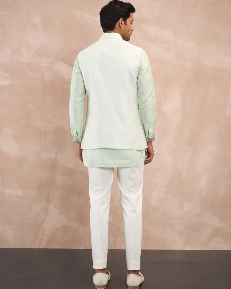 Mint Green Chanderi Silk Edge Cut Kurta Shirt Set