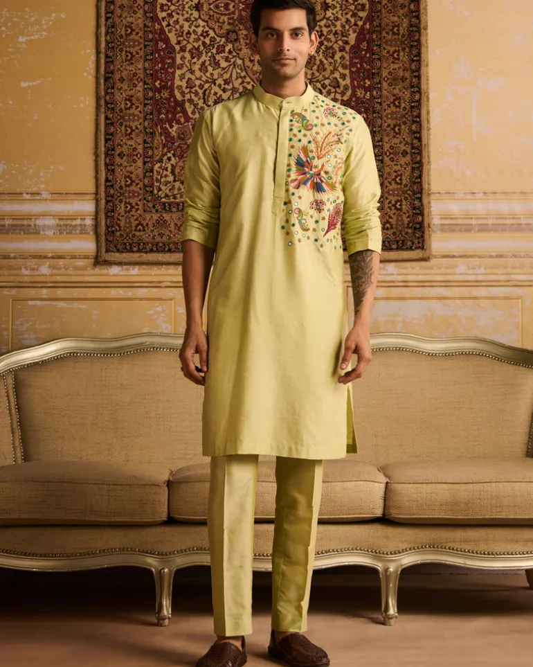 Mint Green Cosmic Floral Embroidered Kurta With Mint Green Pants