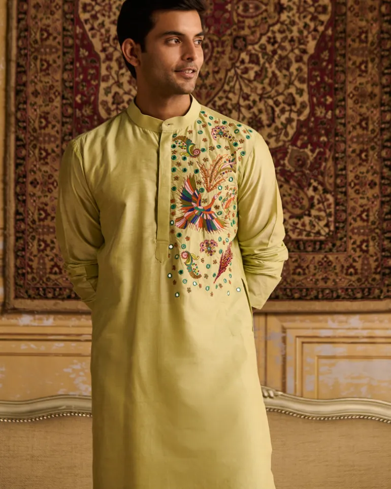 Mint Green Cosmic Floral Embroidered Kurta With Mint Green Pants