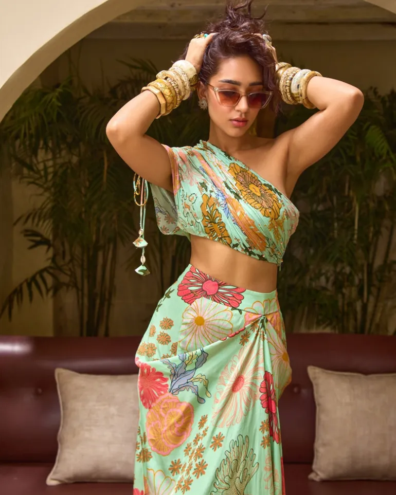 Mint Green Floral Top With Skirt