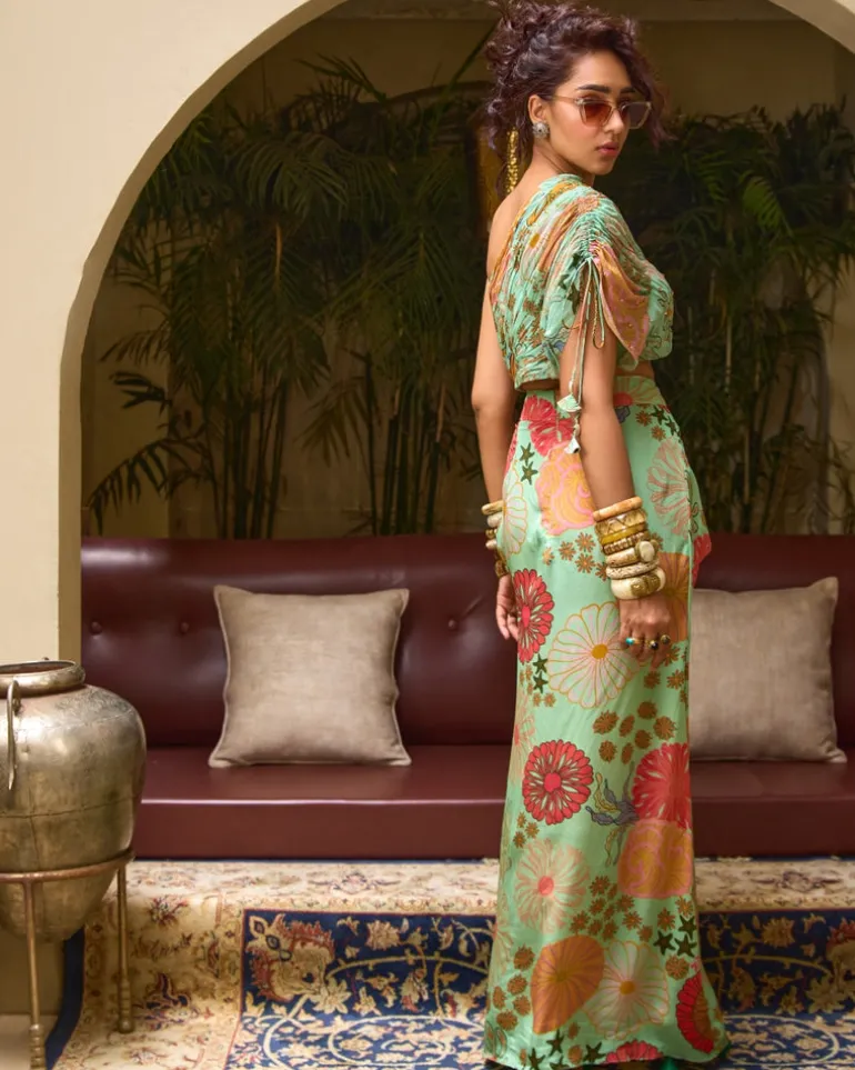 Mint Green Floral Top With Skirt