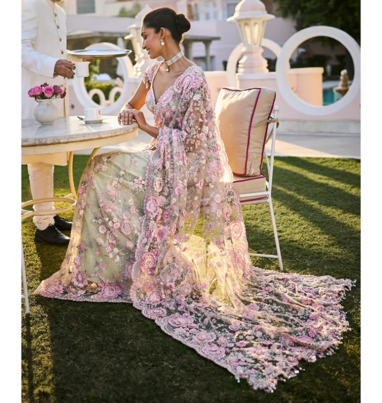 Mint Green Multi-Coloured Floral Sari