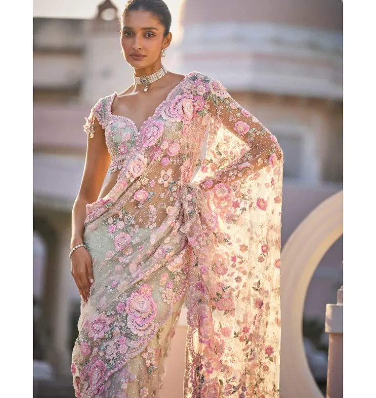 Mint Green Multi-Coloured Floral Sari