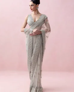 Mint Green Organza Border and Threadwork Blouse Tulle Sari
