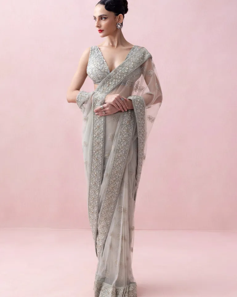 Mint Green Organza Border and Threadwork Blouse Tulle Sari