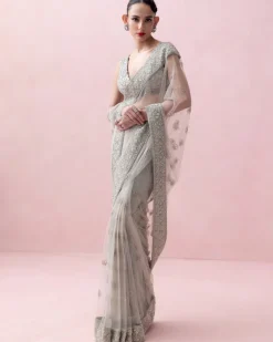Mint Green Organza Border and Threadwork Blouse Tulle Sari