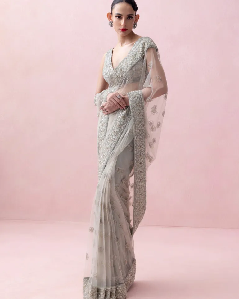 Mint Green Organza Border and Threadwork Blouse Tulle Sari