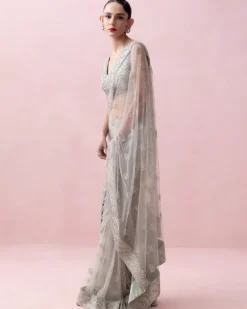 Mint Green Organza Border and Threadwork Blouse Tulle Sari