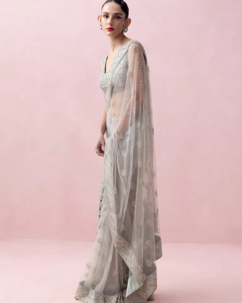 Mint Green Organza Border and Threadwork Blouse Tulle Sari
