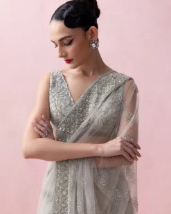 Mint Green Organza Border and Threadwork Blouse Tulle Sari