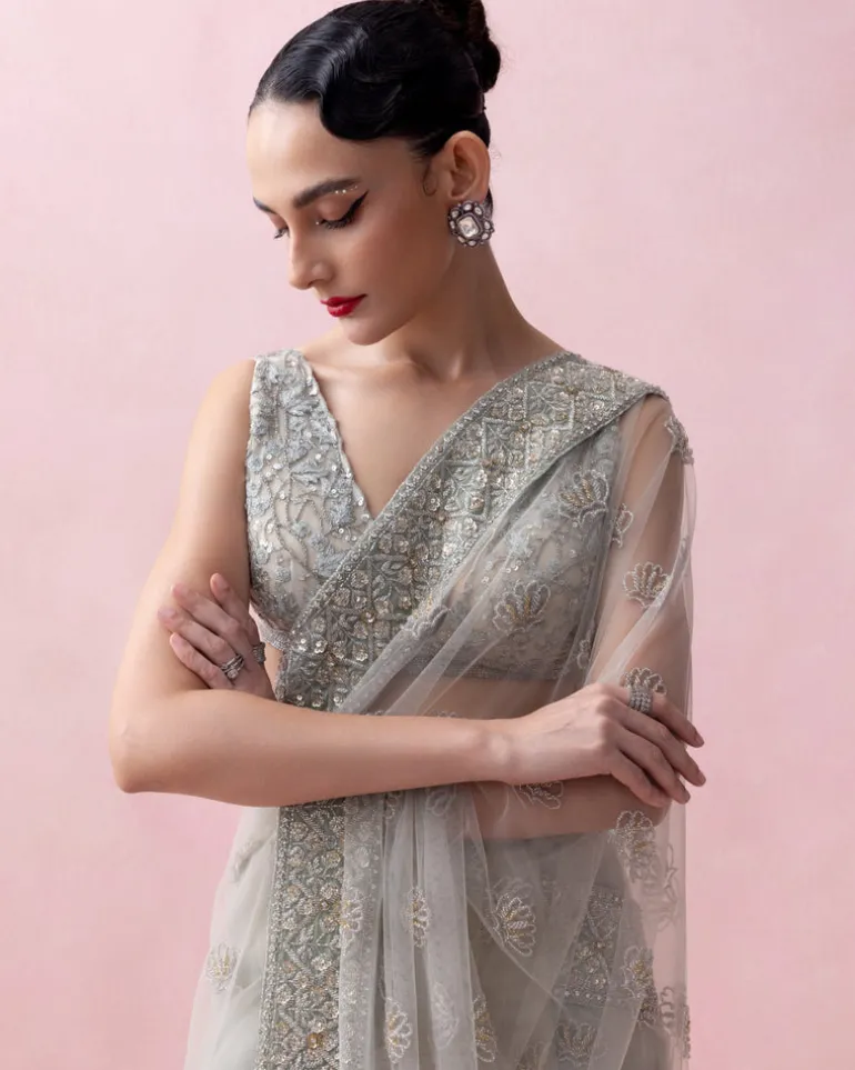 Mint Green Organza Border and Threadwork Blouse Tulle Sari
