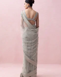 Mint Green Organza Border and Threadwork Blouse Tulle Sari