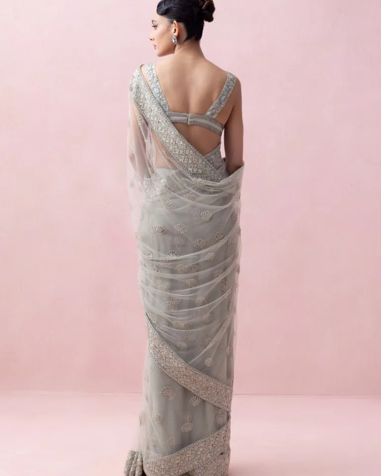 Mint Green Organza Border and Threadwork Blouse Tulle Sari