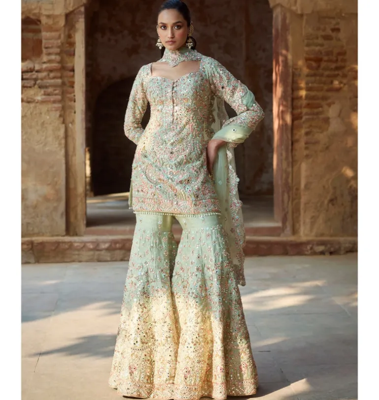 Mint Green Raw Silk Gharara Set