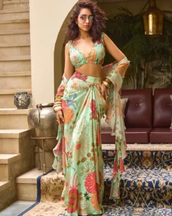 Mint Green Rushing Top With Skirt And Frill Dupatta