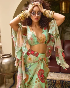 Mint Green Rushing Top With Skirt And Frill Dupatta