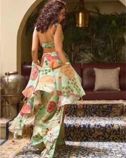 Mint Green Rushing Top With Skirt And Frill Dupatta