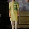 Mint Green With Dark Green Geometric Embroidered Kurta With Ivory Pants