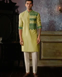 Mint Green With Dark Green Geometric Embroidered Kurta With Ivory Pants