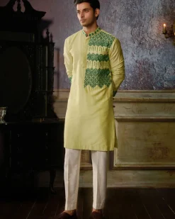 Mint Green With Dark Green Geometric Embroidered Kurta With Ivory Pants