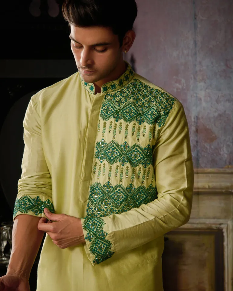 Mint Green With Dark Green Geometric Embroidered Kurta With Ivory Pants