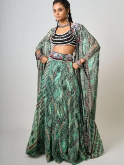 Mint Kaftan Printed & Embroidered Kaftan With Lehenga Set