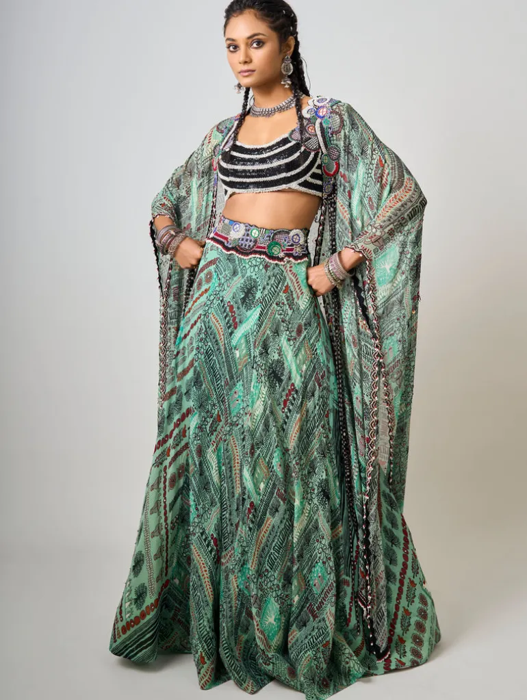 Mint Kaftan Printed & Embroidered Kaftan With Lehenga Set