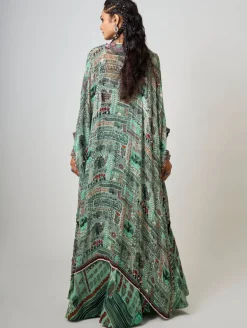 Mint Kaftan Printed & Embroidered Kaftan With Lehenga Set