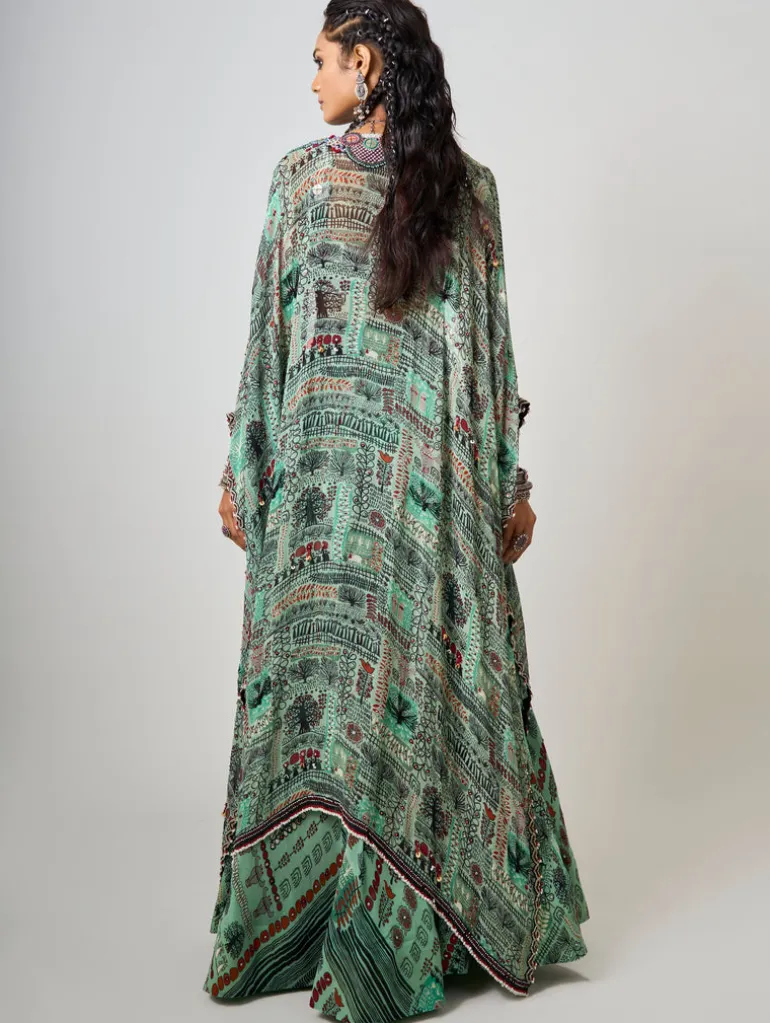 Mint Kaftan Printed & Embroidered Kaftan With Lehenga Set