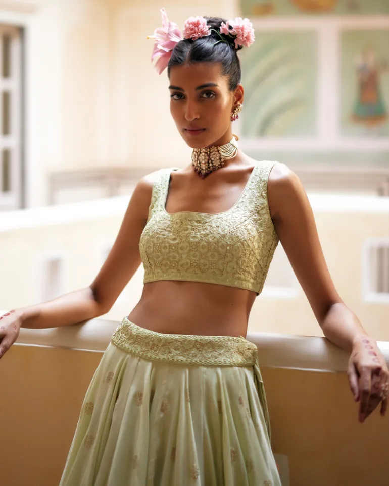 Mint Lehenga Paired With Blouse & Dupatta