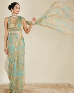 Mint Organza Floral Sari Set