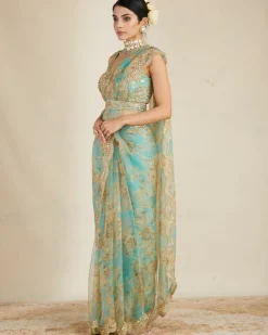 Mint Organza Floral Sari Set