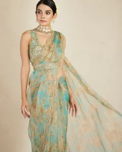 Mint Organza Floral Sari Set