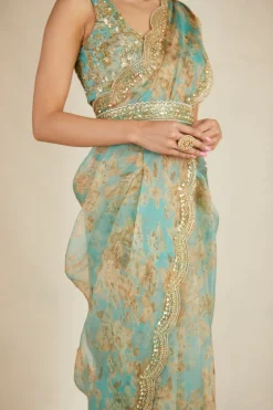Mint Organza Floral Sari Set