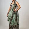 Mint Printed & Hand-Embroidered Pre Draped Cowl Sari Set