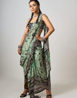 Mint Printed & Hand-Embroidered Pre Draped Cowl Sari Set