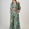 Mint Printed & Hand-Embroidered Off-Shoulder Top With Pant Set