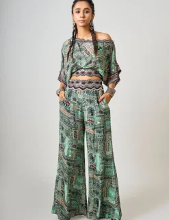 Mint Printed & Hand-Embroidered Off-Shoulder Top With Pant Set