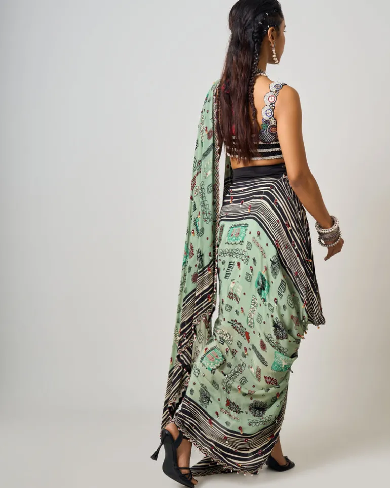 Mint Printed & Hand-Embroidered Pre Draped Cowl Sari Set