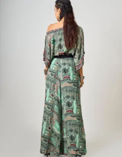 Mint Printed & Hand-Embroidered Off-Shoulder Top With Pant Set