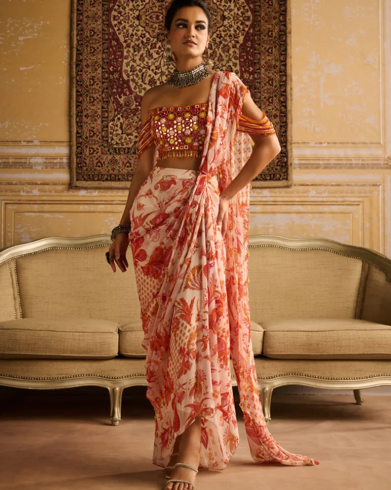 Mirror Embroidered Blouse And Orange Skirt Sari Set